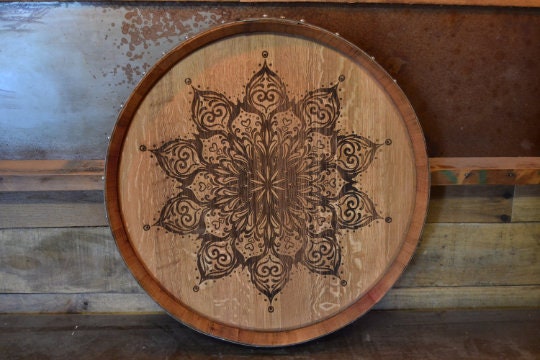 Mandala Custom Wine Barrel Head/Lazy Susan/Clock/Wall Art/Wall Hanging/Laser Engraved/Laser Engraving/Wedding Gift/Free Shipping