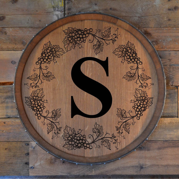 Monogrammed with Grapes Reclaimed Wine Barrel Head/Lazy Susan/Wall Hanging/Laser Engraved/Free Shipping